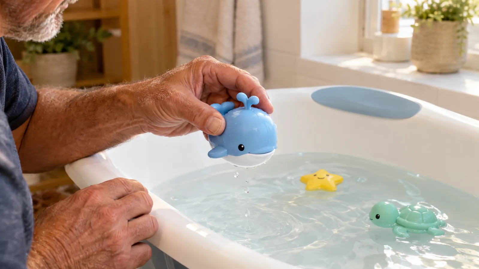 A parent's hand holding a small bath toy near the water in a baby bathtub