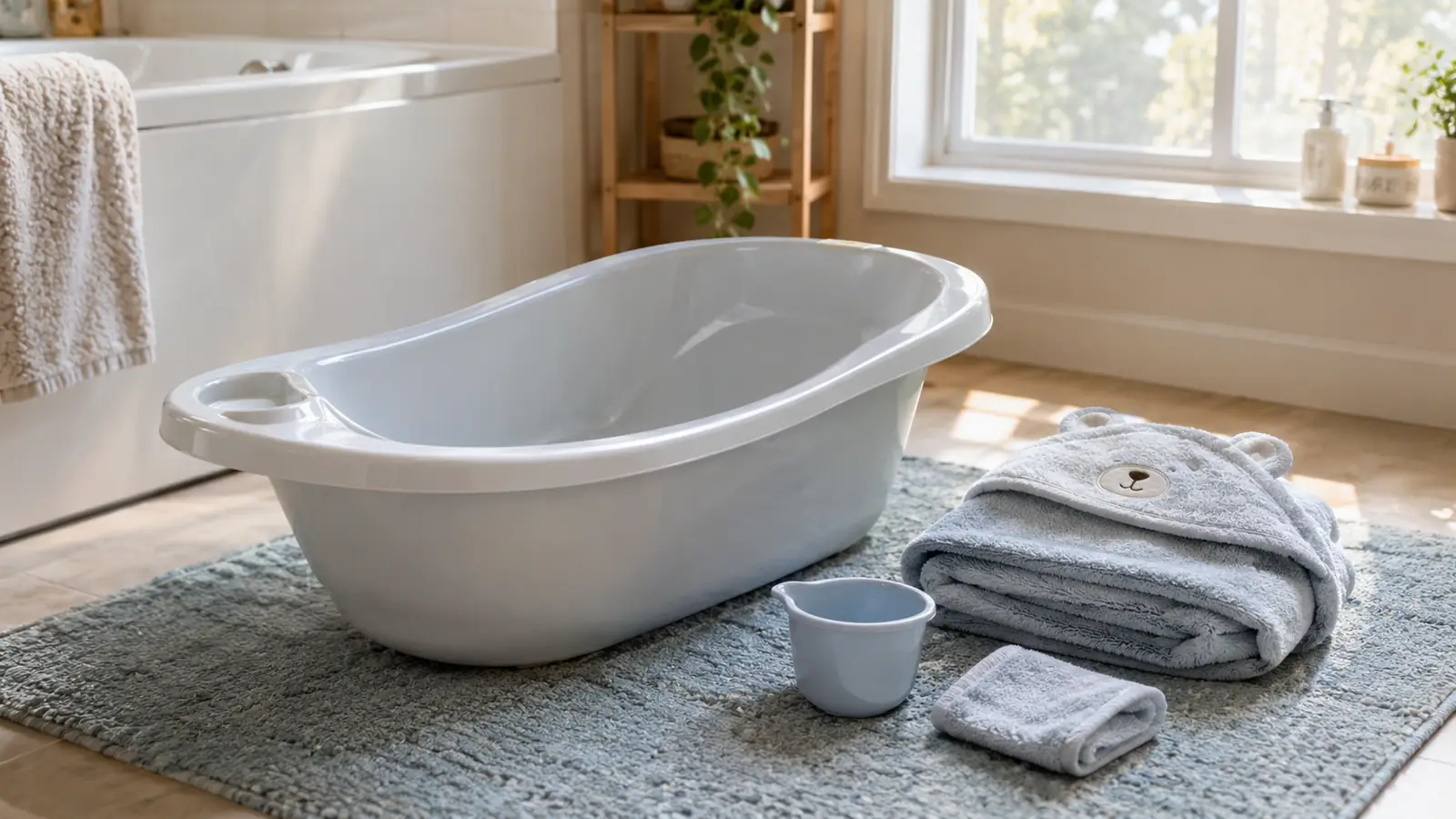 A folded hooded towel, washcloth and rinse cup laid out beside an empty baby bath tub