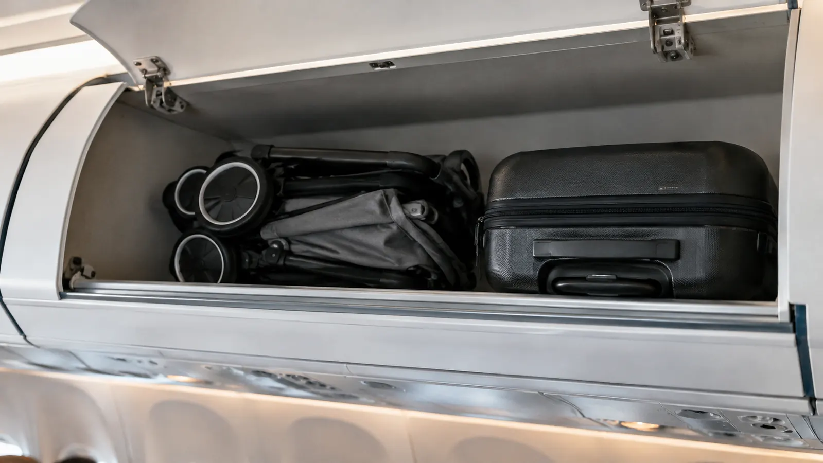 A compact stroller folded small next to a carry-on suitcase in an overhead bin