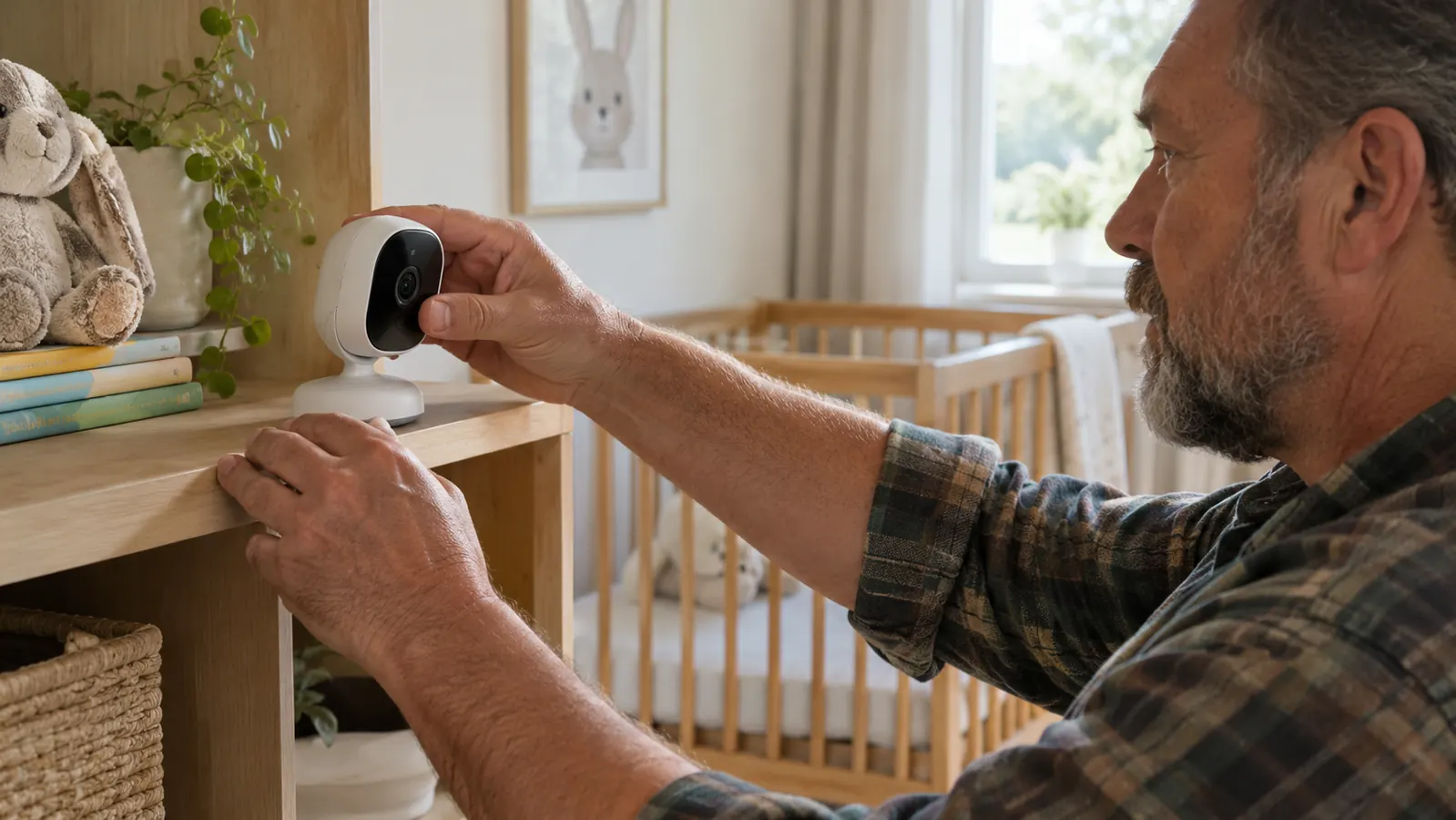 A parent adjusting a video baby monitor on a nursery shelf while the baby sleeps in a crib
