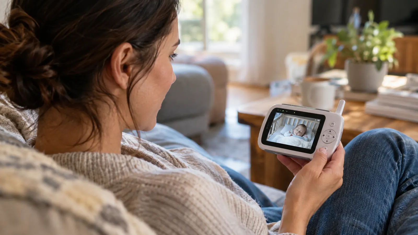 A parent watching a video baby monitor screen from a couch in a living room