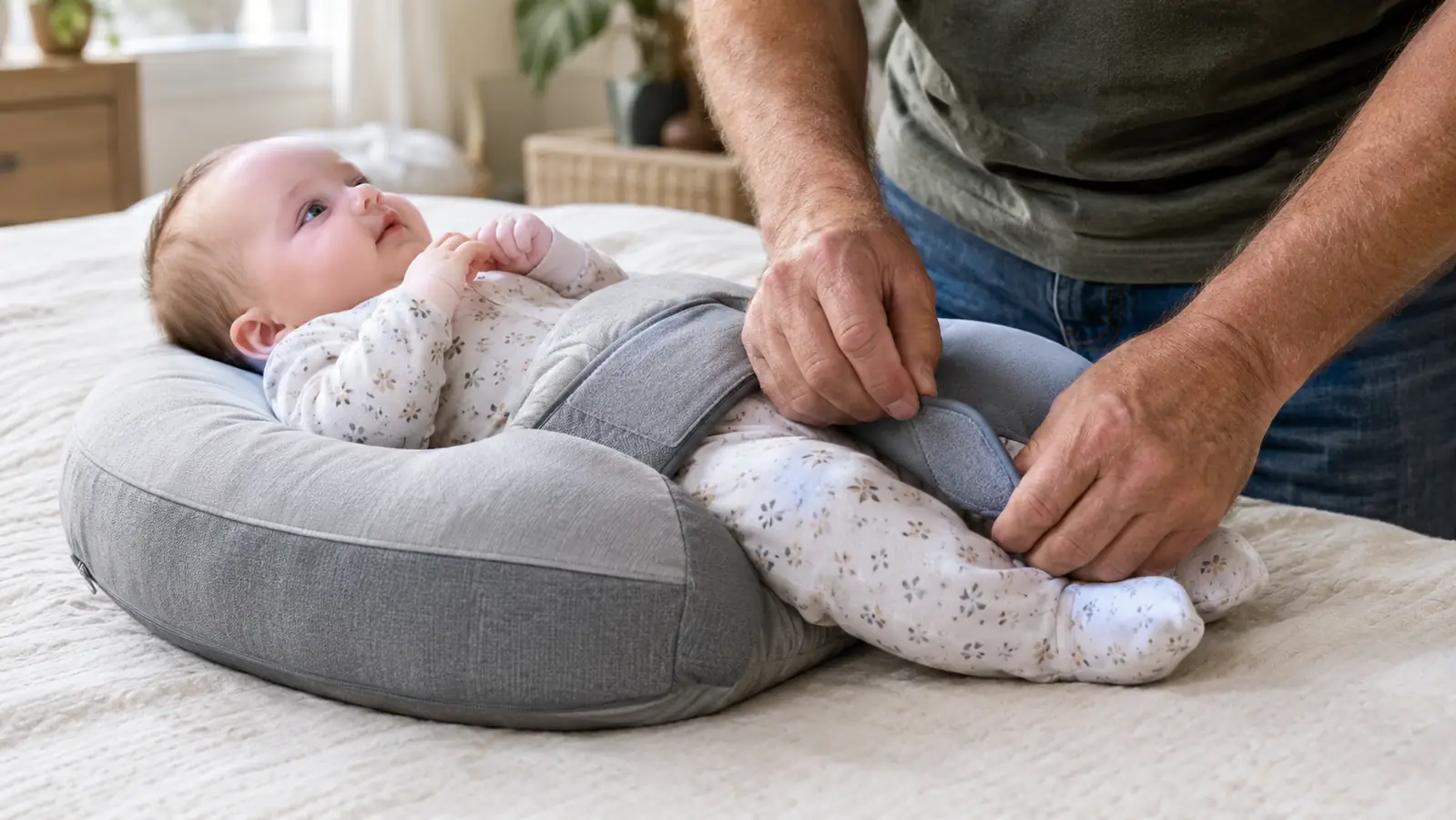A parent's hands adjusting a nursing pillow around the waist while a baby rests on it