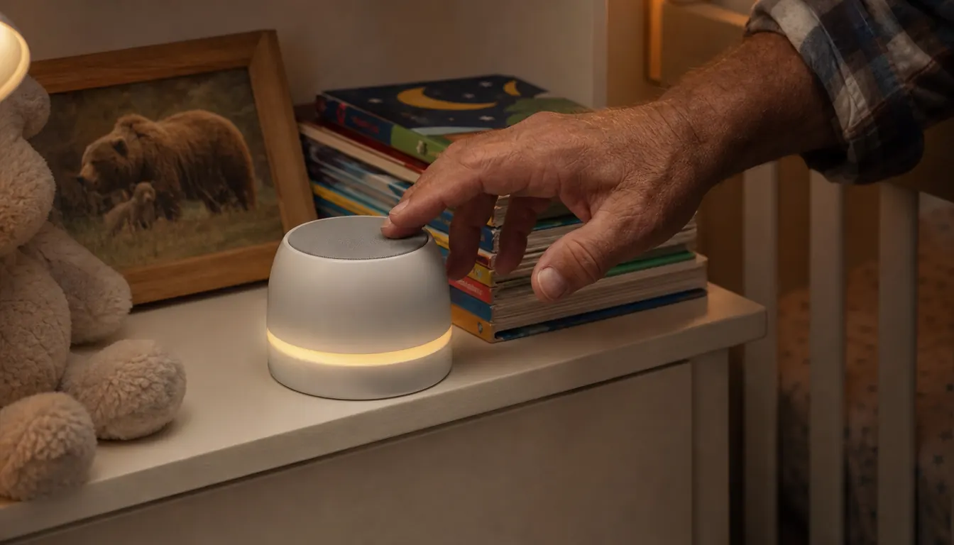 a sound machine and night light sitting on a nursery shelf beside a stack of board books