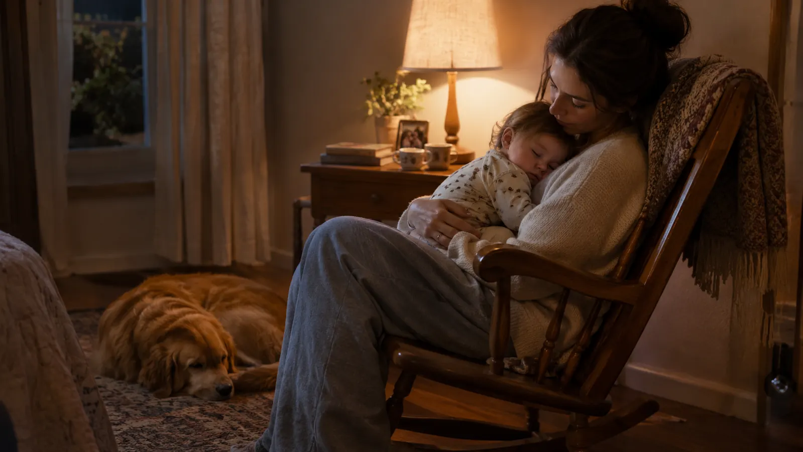 a parent holding a drowsy baby in a rocking chair while a dog sleeps on the floor nearby