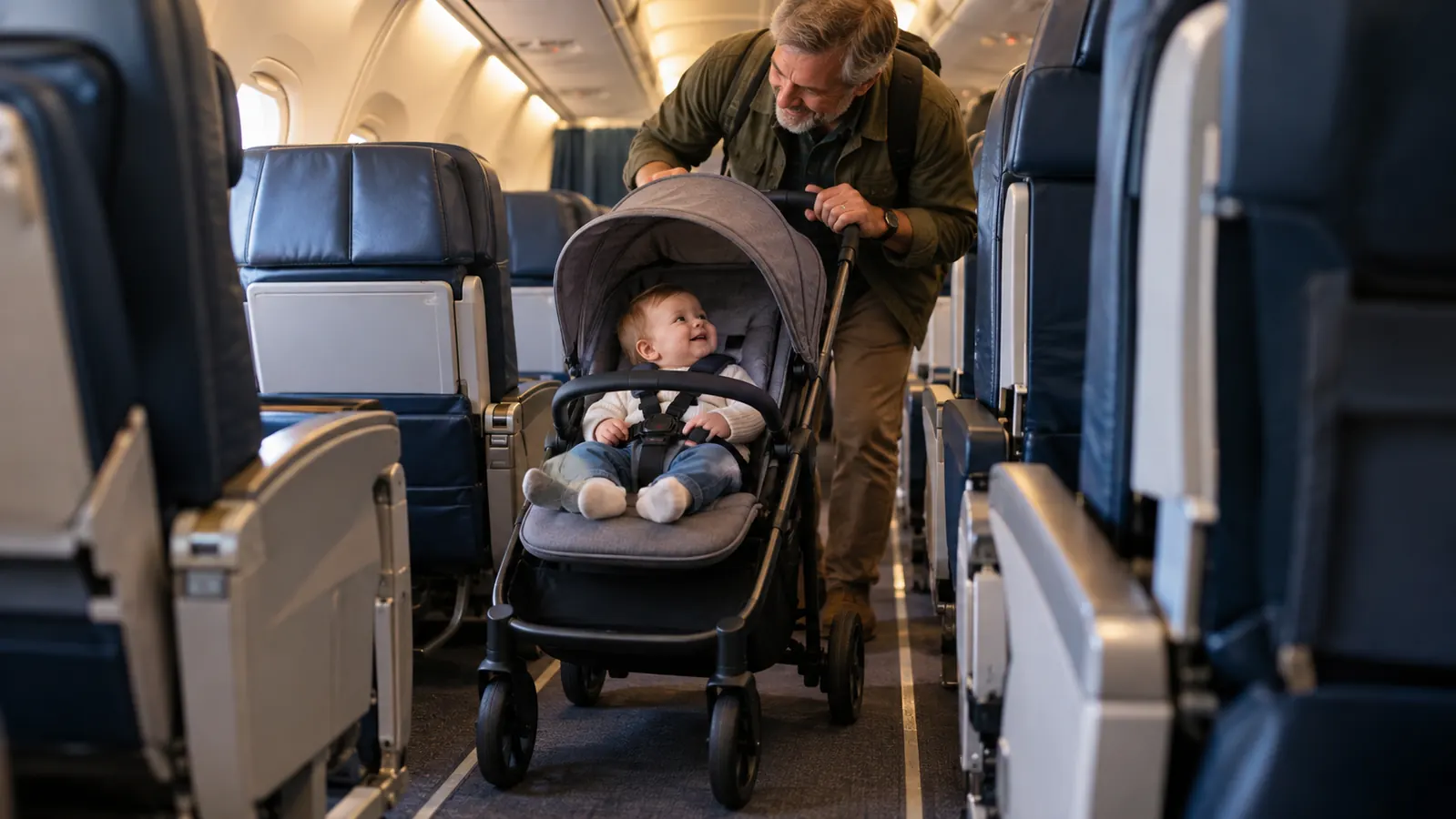 A parent pushing a compact travel stroller with a baby through a narrow airplane aisle