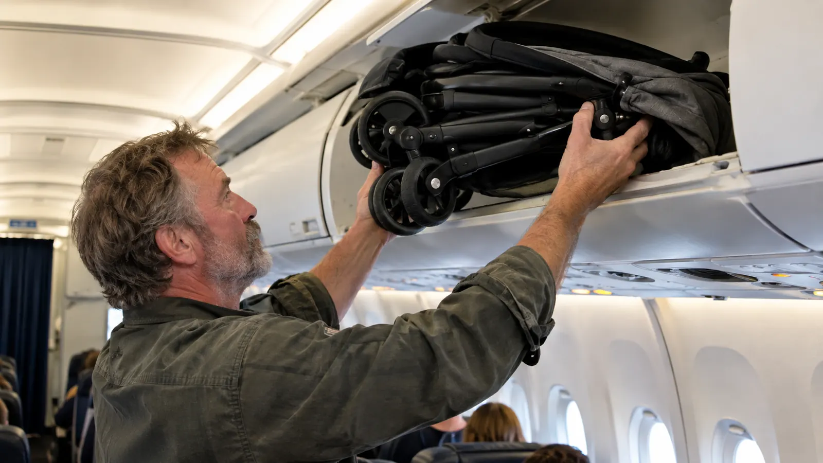 A parent lifting a folded travel stroller into the overhead bin of an airplane