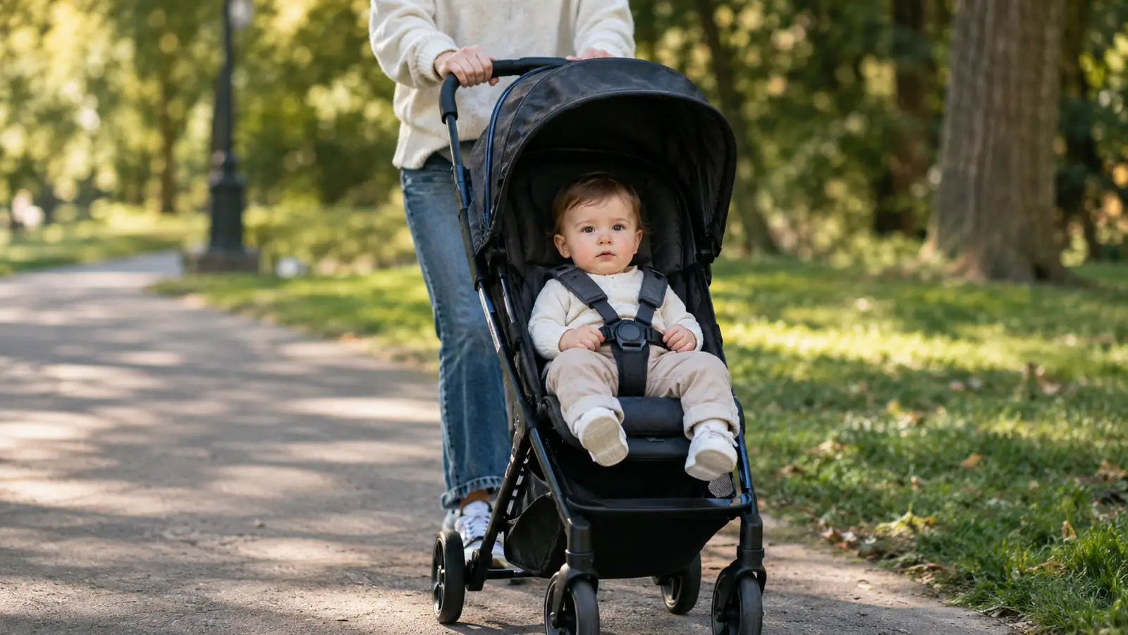 A parent pushing a compact travel stroller along a paved path with a baby seated in it