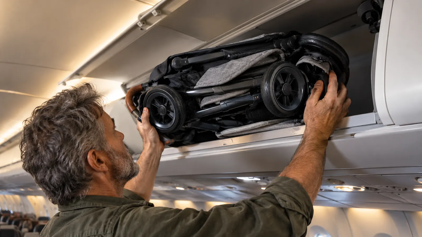 A parent lifting a folded travel stroller into the overhead bin of a plane