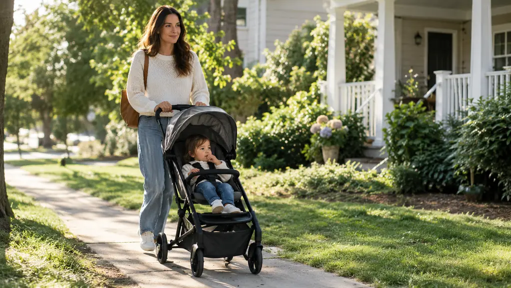 A parent pushing a compact travel stroller down a sunny sidewalk outside a small house