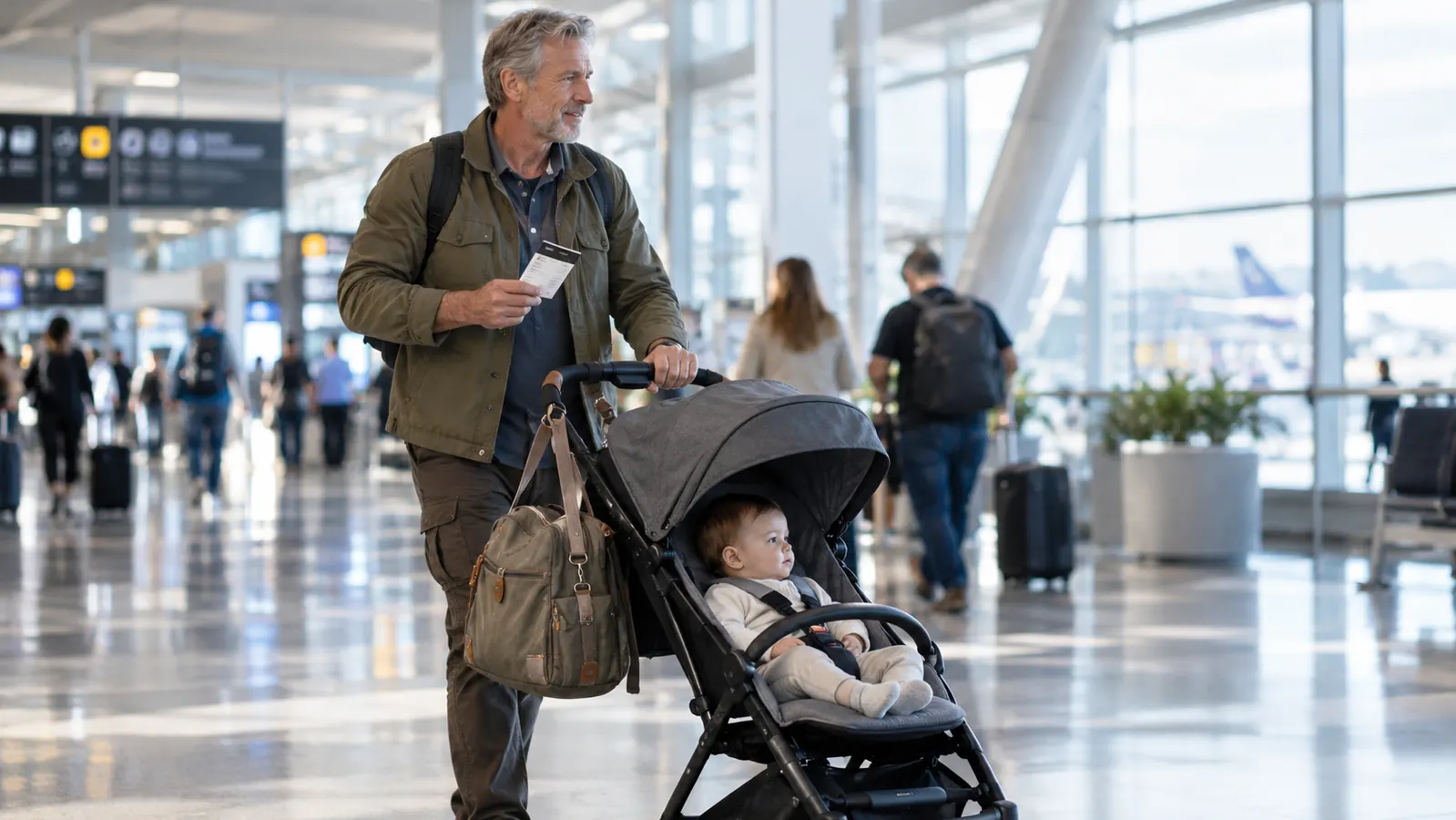 A parent pushing a compact stroller through a bright airport terminal with a diaper bag on the handlebar