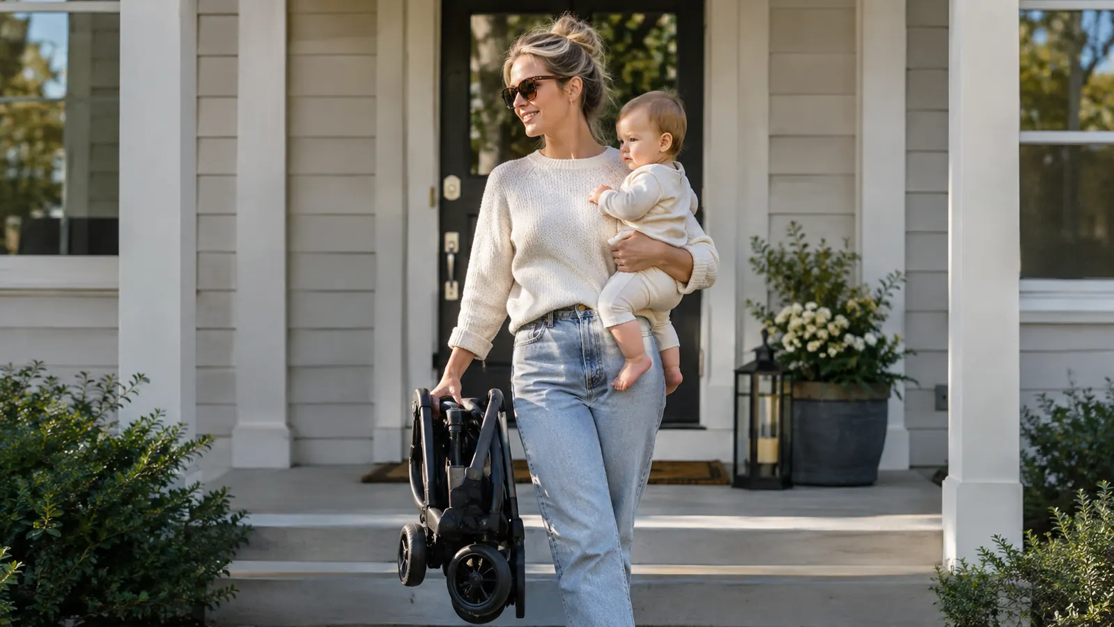 A parent lifting a small folded stroller with one hand while a baby sits on the other hip