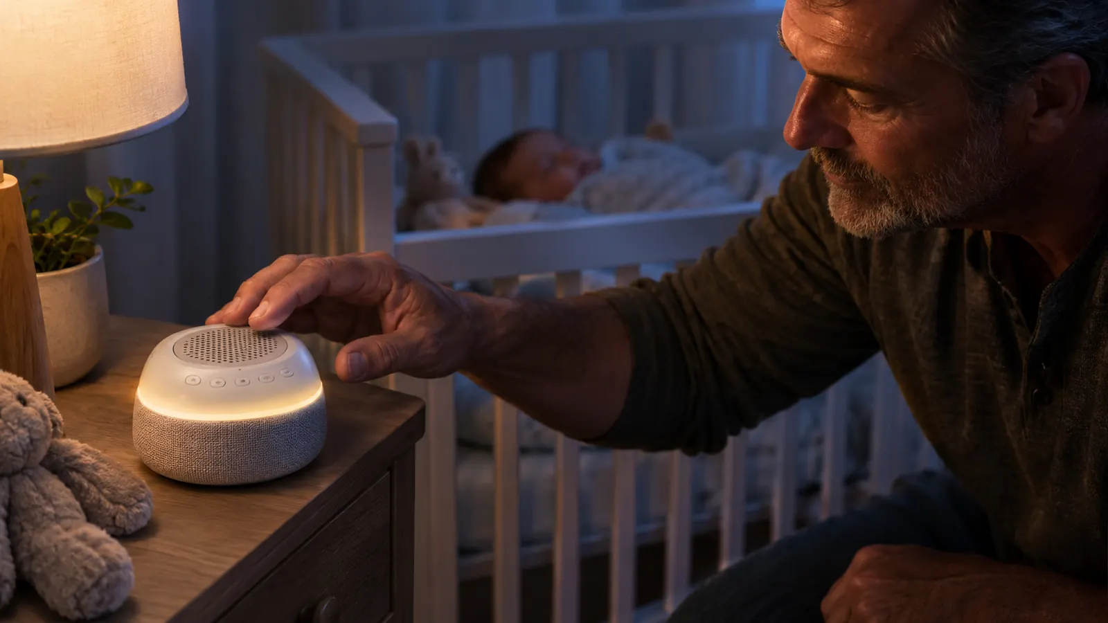 A parent adjusting a small sound machine on a nightstand while a baby sleeps nearby