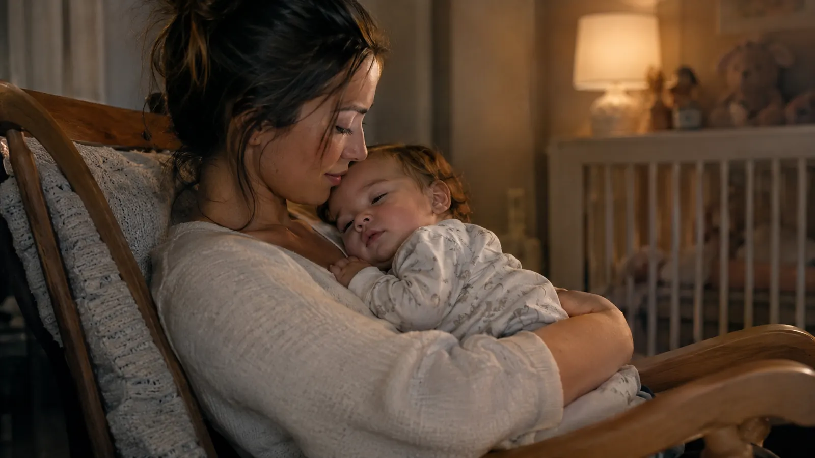 A parent sitting in a rocking chair holding a drowsy baby in a dim nursery