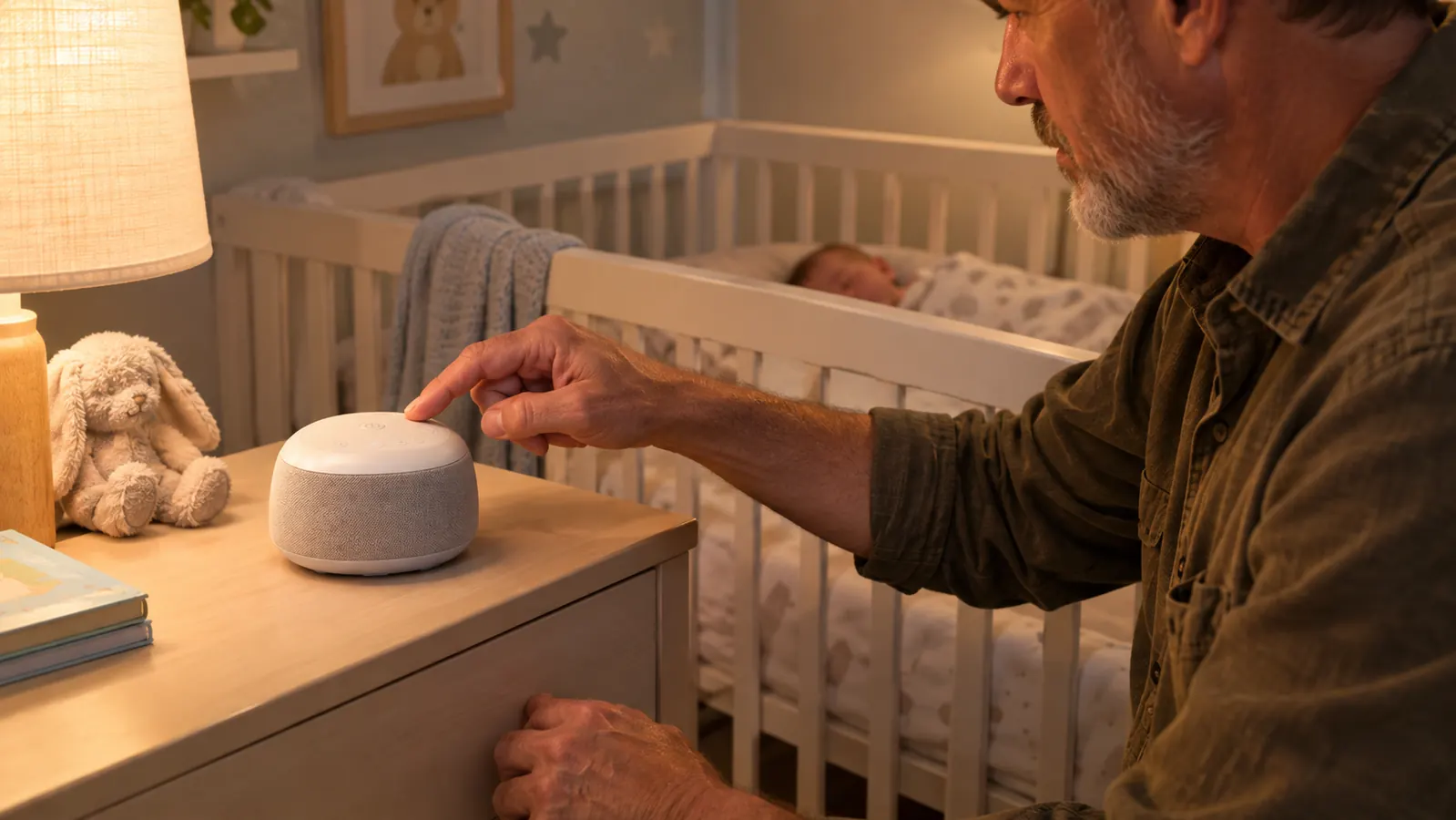 A parent reaching to adjust the top button of the sound machine on a nightstand beside a crib