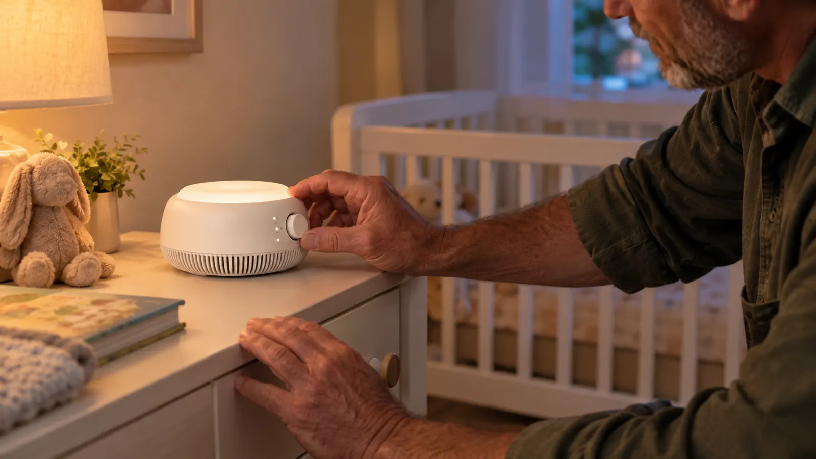 A parent reaching toward a sound machine and night light on a nursery dresser