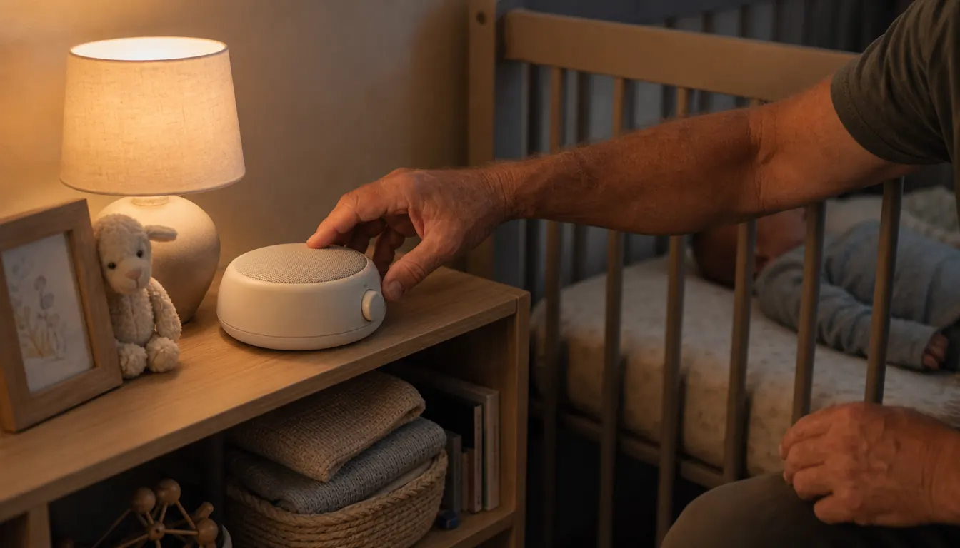 A parent reaching to adjust a sound machine on a nursery shelf