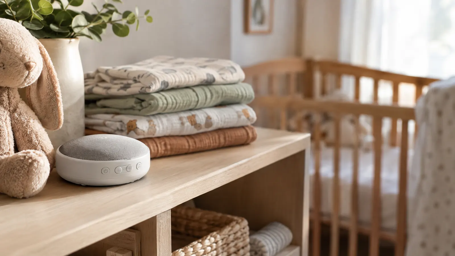 A sound machine on a nursery shelf beside a crib in soft morning light