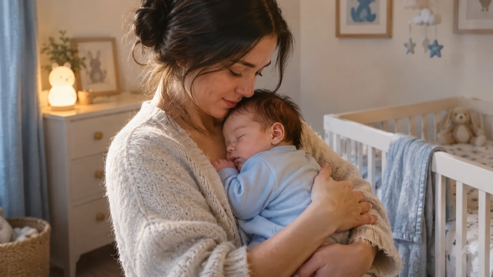 A parent holding a sleepy baby in a softly lit nursery with a crib and a small night light