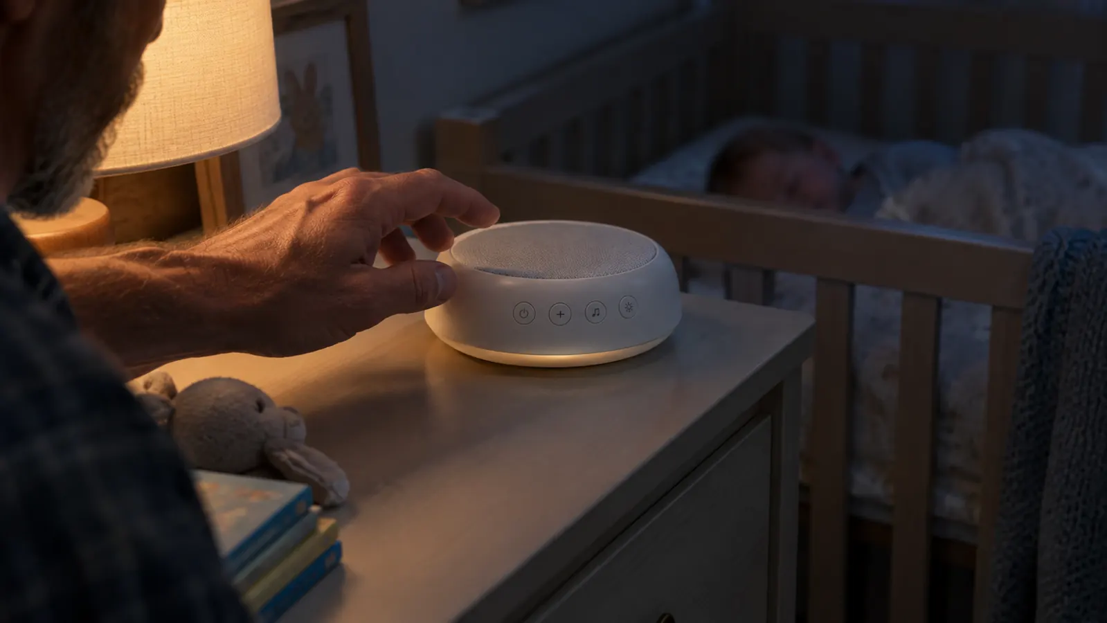 A parent reaching toward a sound machine on a nursery dresser while a baby sleeps in a crib nearby