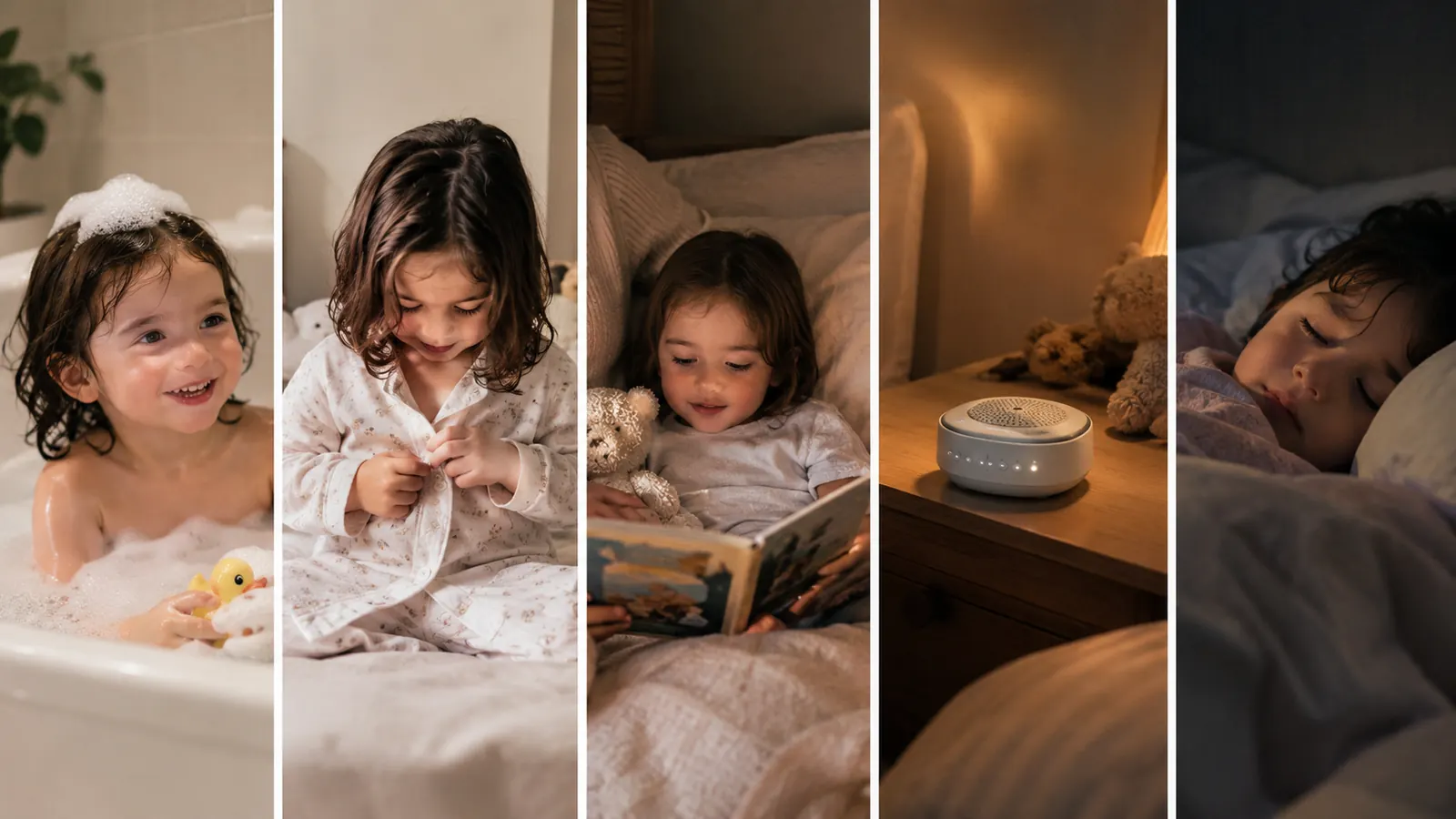 A simple illustration of a five-step bedtime routine from bath to lights out