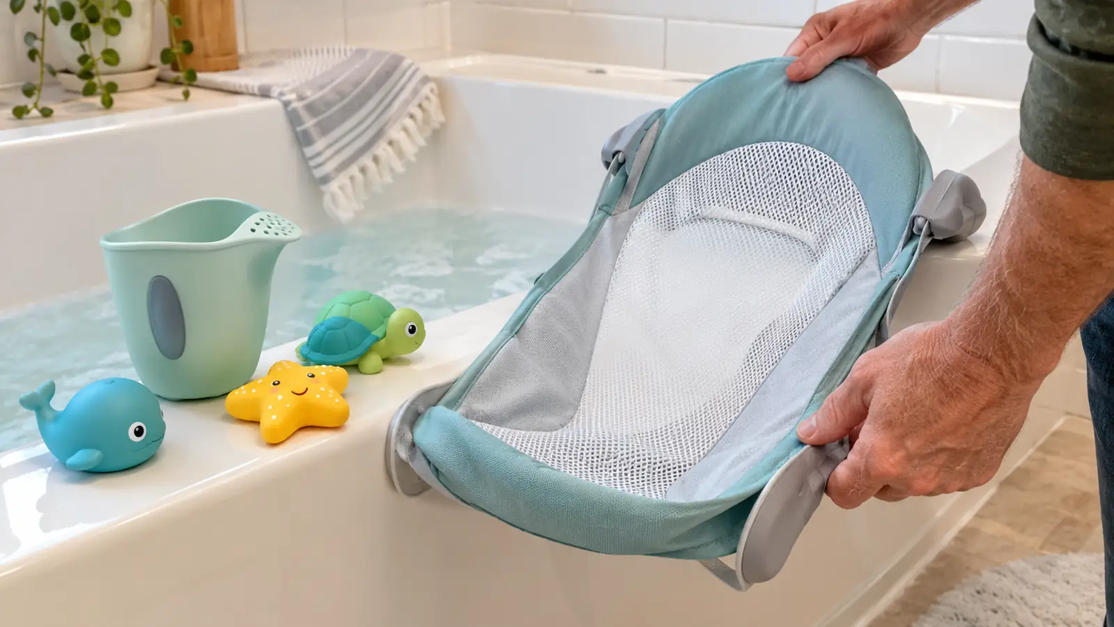 A baby bath set with a sling seat, a rinse cup, and a few bath toys arranged on the edge of a bathtub