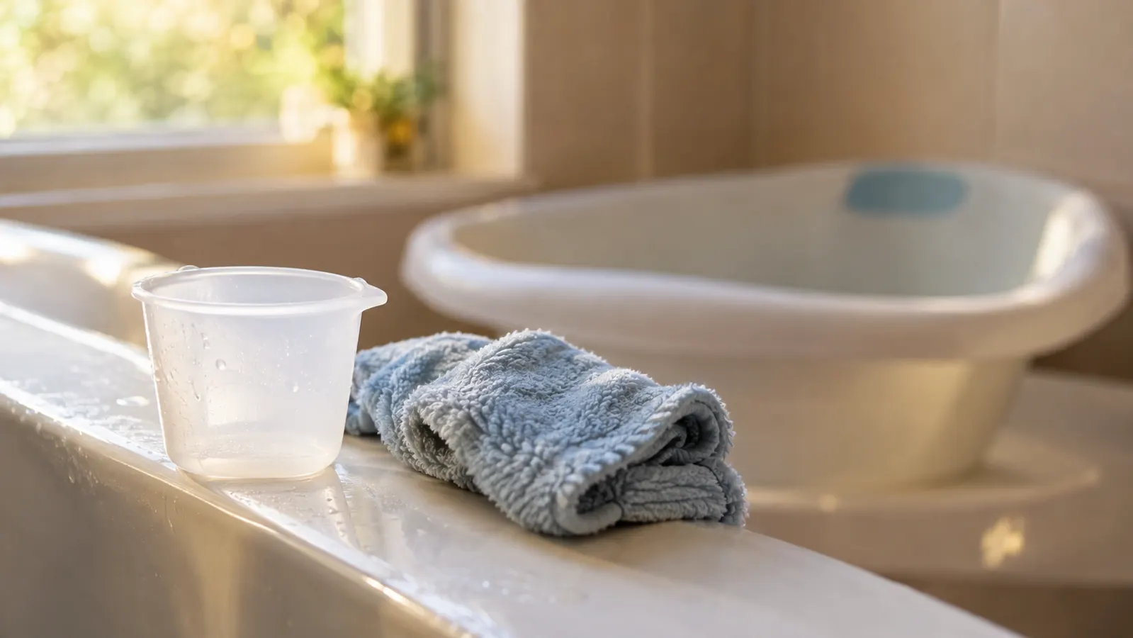 A small rinse cup and washcloth on the edge of a bathtub next to a baby bath tub