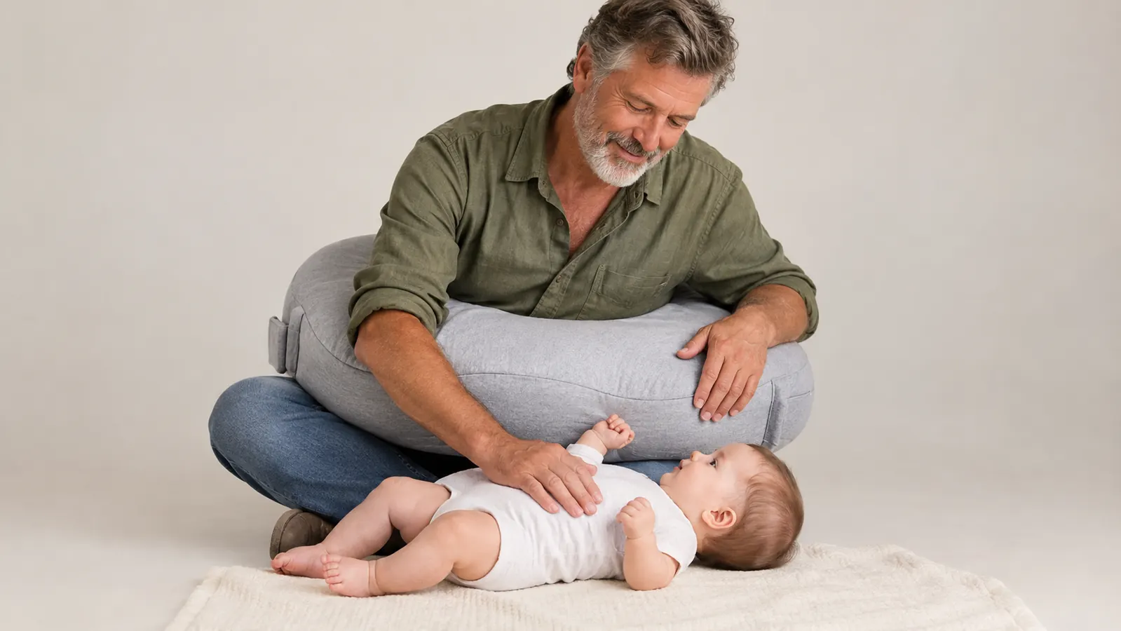 A nursing pillow wrapped around a parent's waist, with a baby lying on the flat surface of the pillow