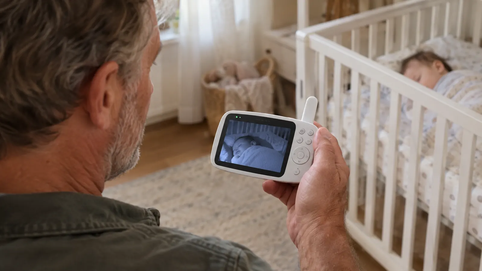 A parent holding a video baby monitor handheld unit while checking on a sleeping baby in a crib