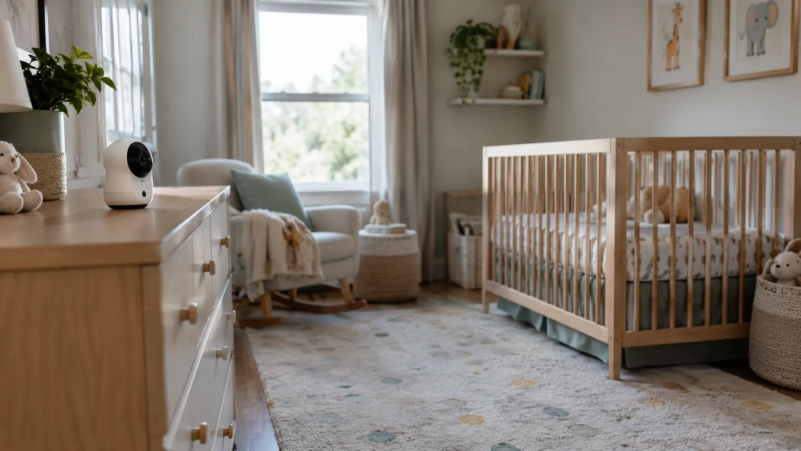 A video baby monitor camera placed on a dresser across the room from a crib, showing a wide view of the nursery