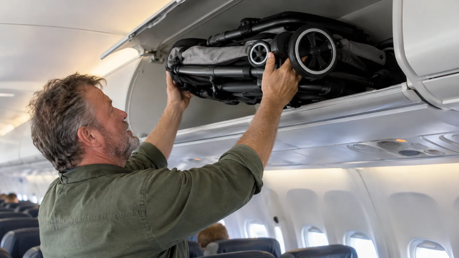 A parent lifting a folded stroller overhead into an overhead bin on a plane