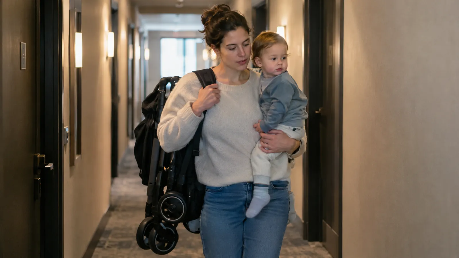 A parent and baby moving through a narrow hotel hallway, the stroller folded and slung over one shoulder