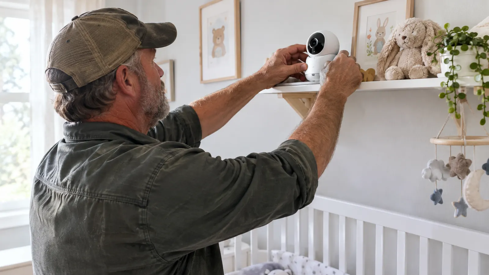 A parent adjusting a small camera mounted on a shelf above a crib