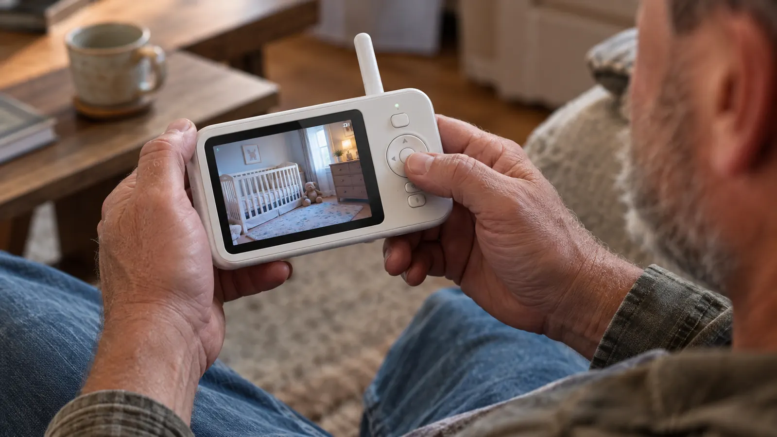 A parent holding a handheld video baby monitor and tilting the camera view with a thumb on the control pad
