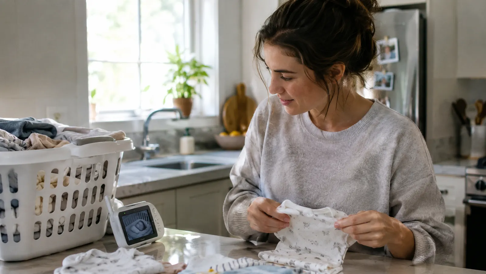 A parent glancing at a video monitor on the kitchen counter while folding laundry nearby