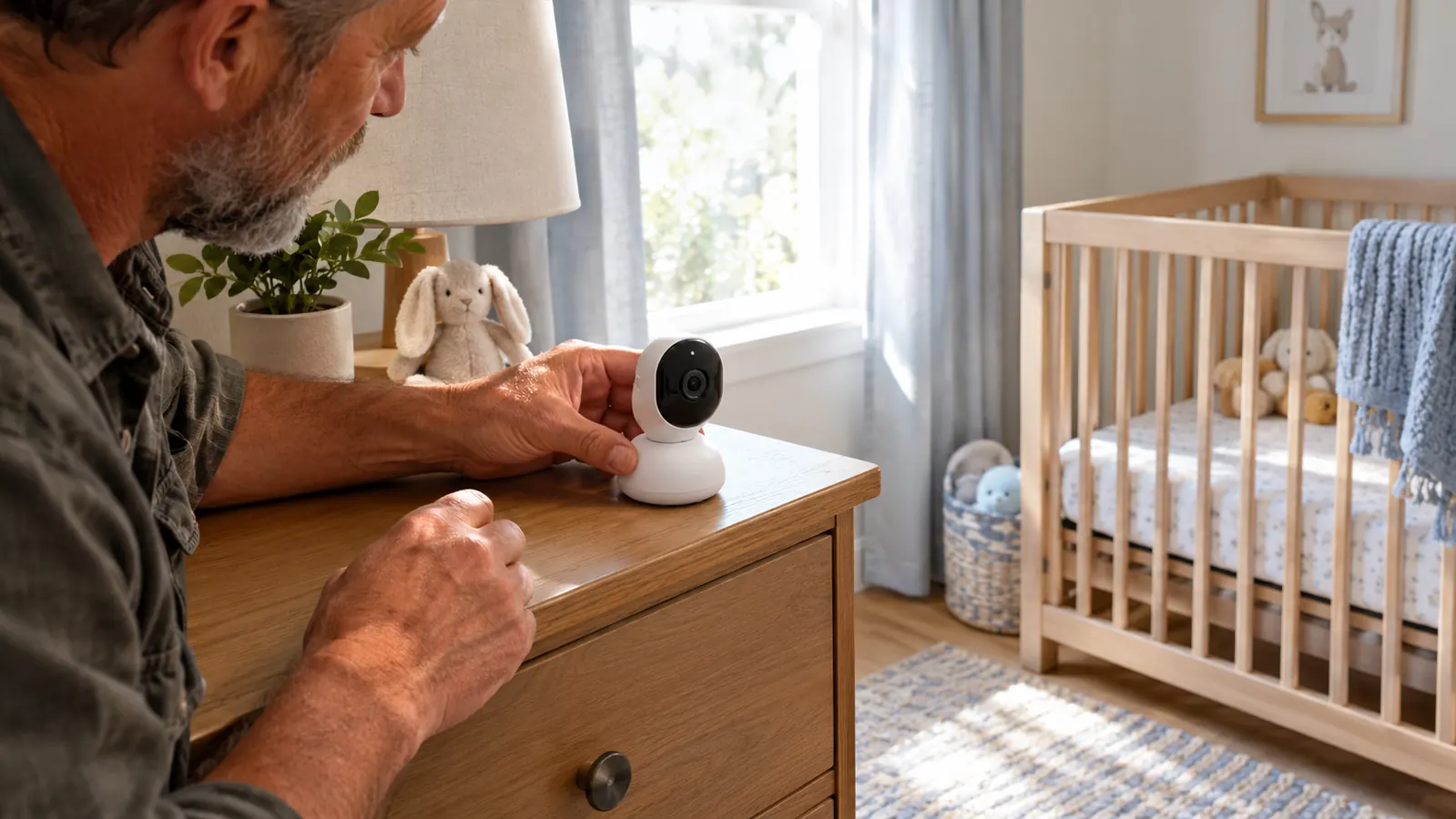 A hand adjusting a small video baby monitor camera placed on a dresser across from a crib