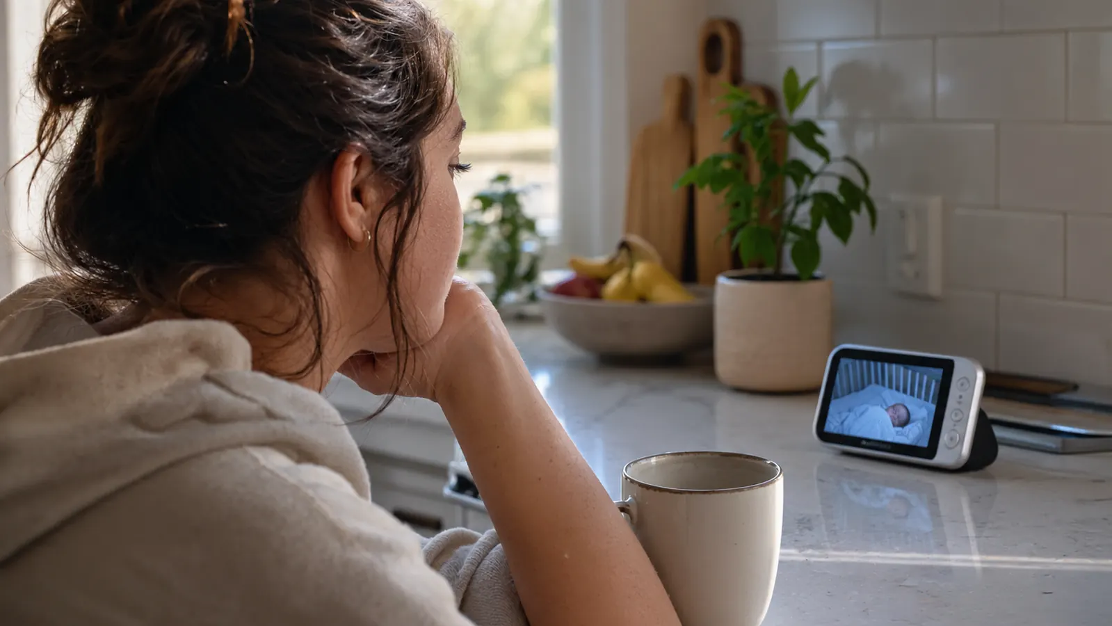 A parent watching a handheld video baby monitor while having coffee at a kitchen counter in the morning