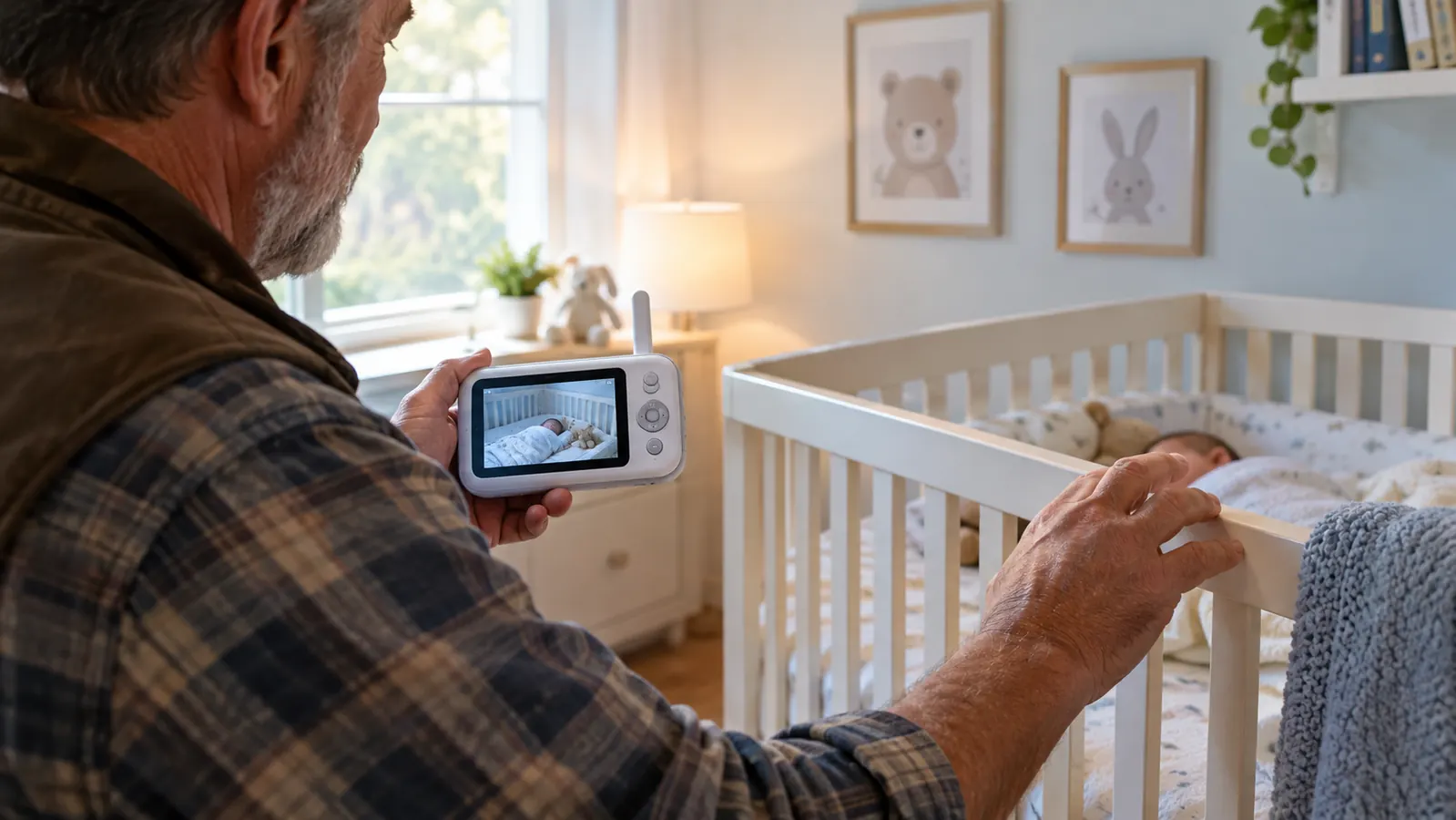 A parent holding the video baby monitor in one hand while adjusting a blanket in the crib with the other