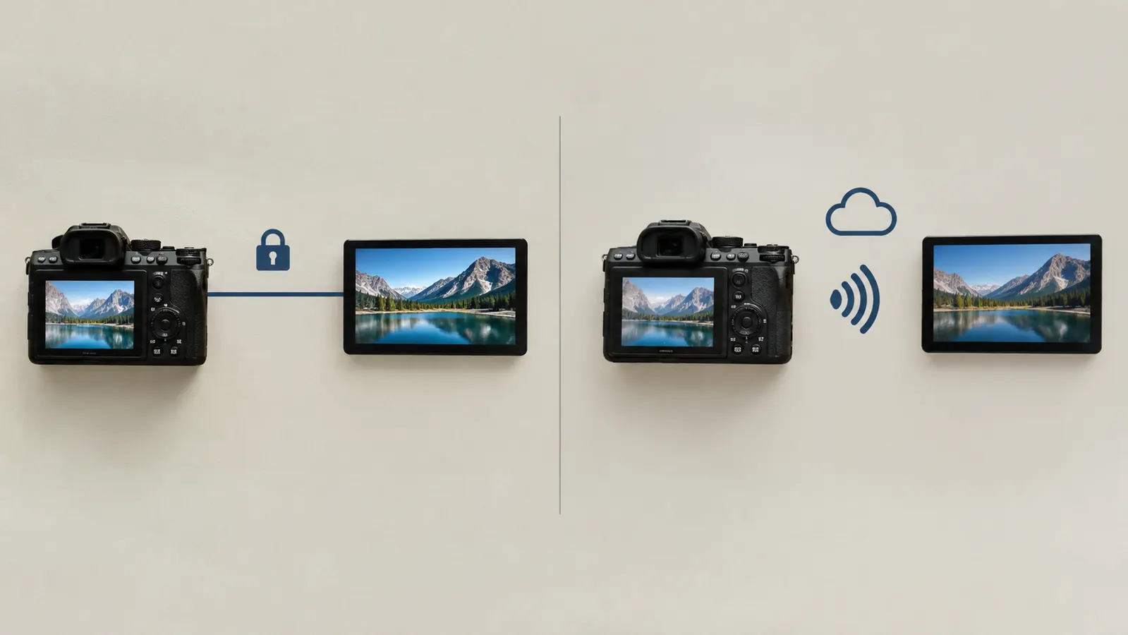 A simple illustration comparing a direct video feed and a wifi feed, with a lock icon on the direct feed