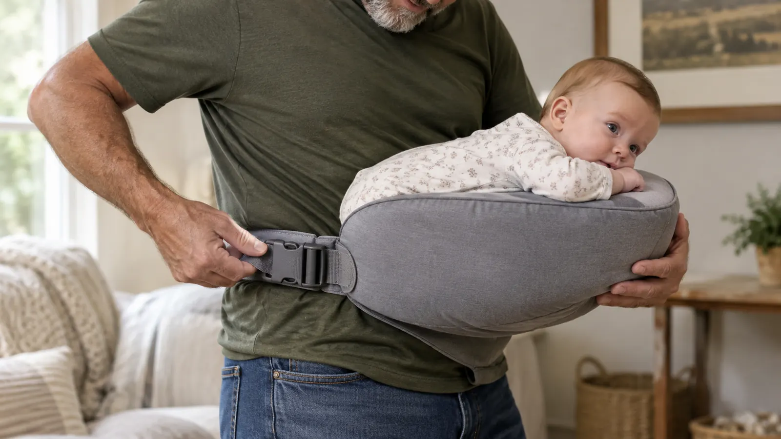 A parent's hands adjusting a nursing pillow around the waist while a baby lies on it