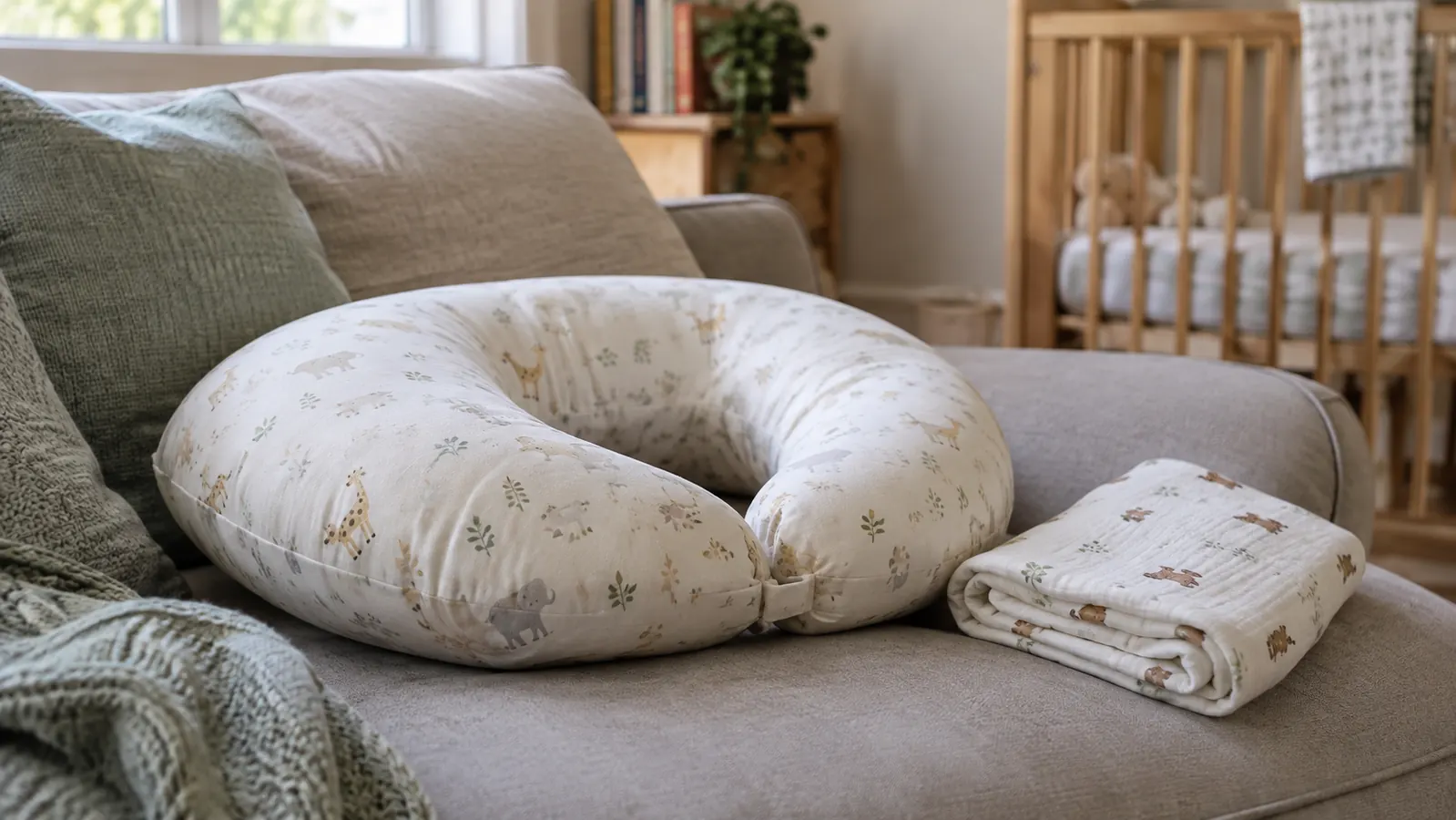 A nursing pillow resting on a couch cushion next to a folded receiving blanket