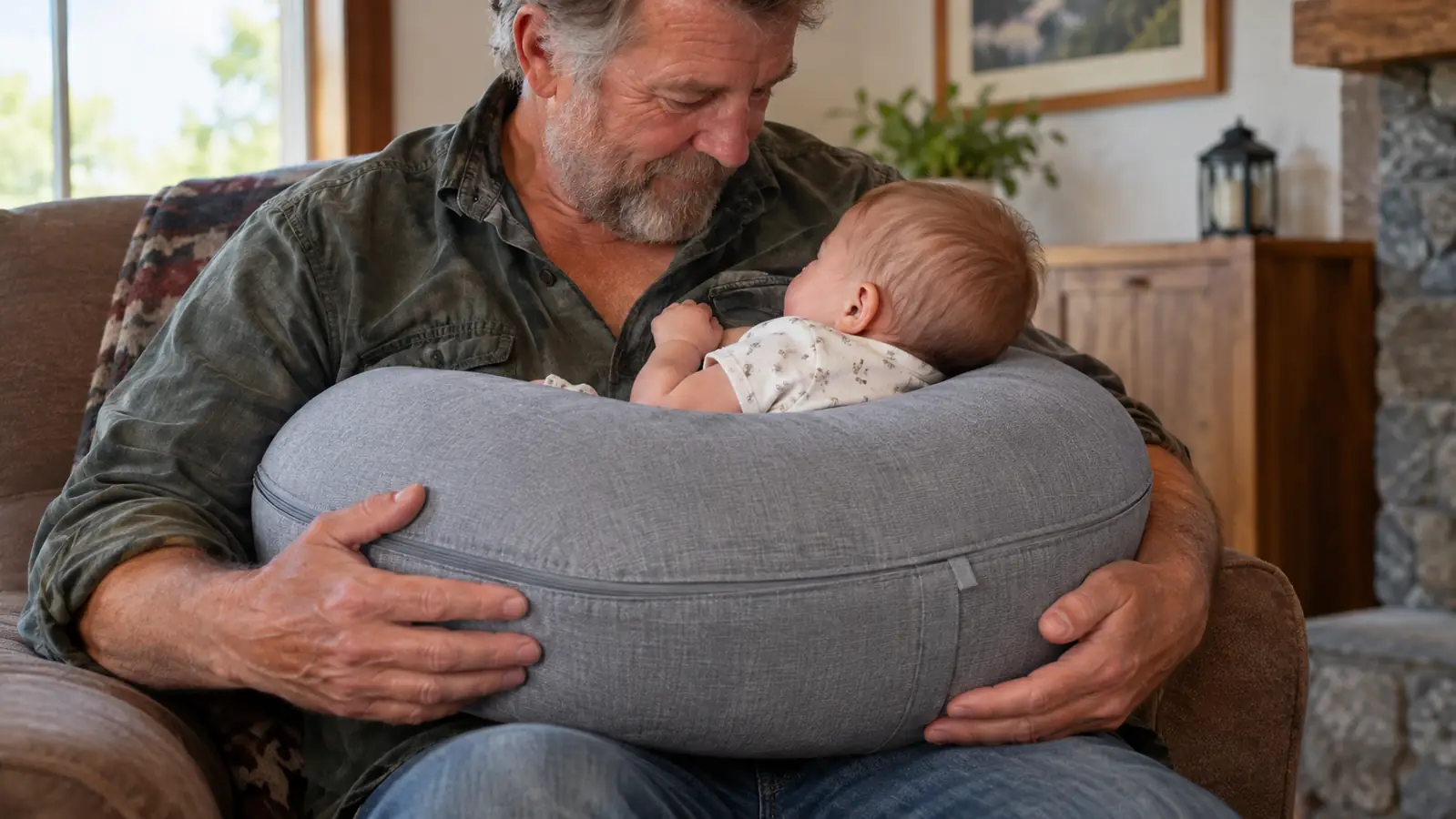 Close-up of hands supporting a baby on a nursing pillow