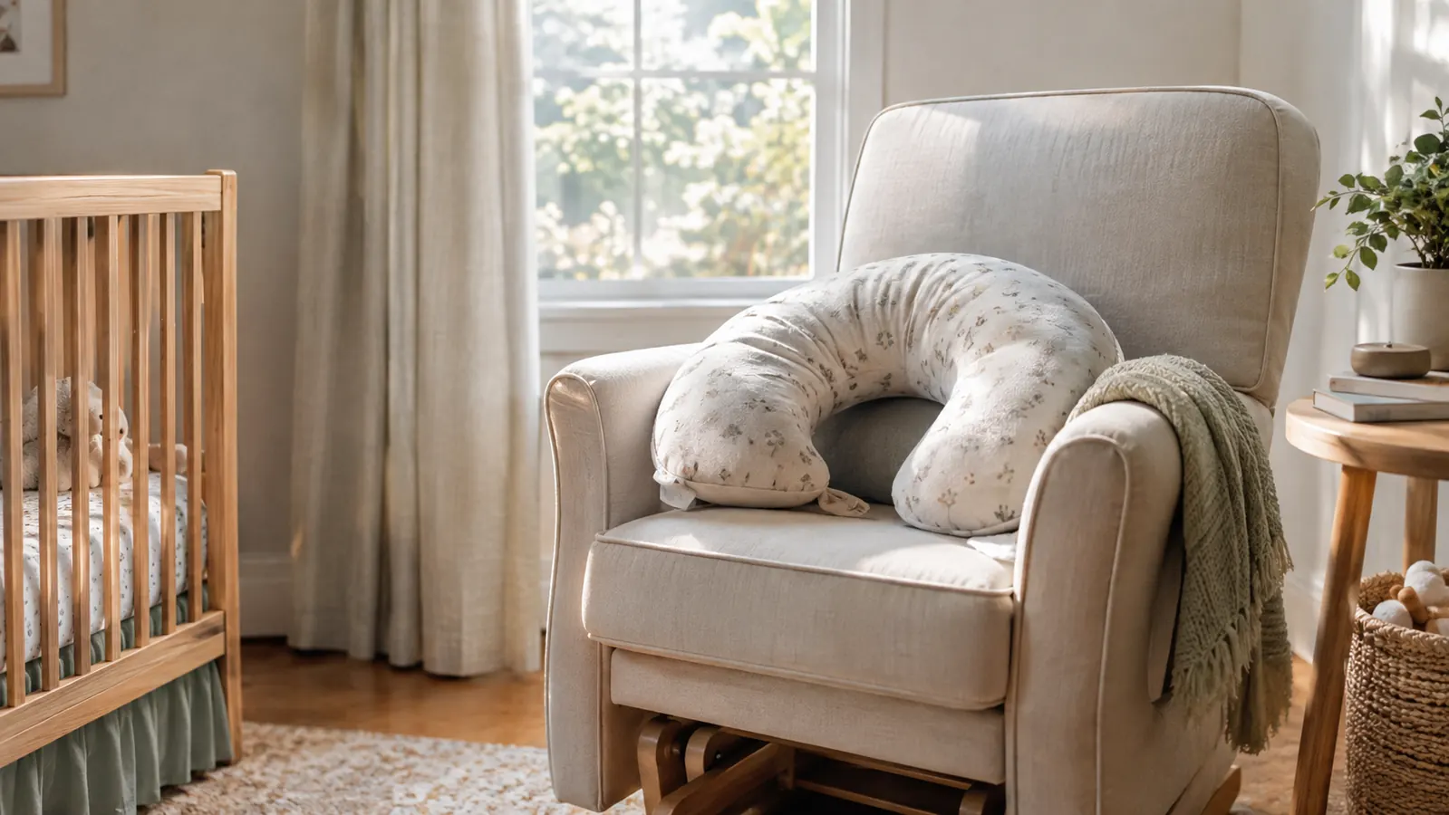 A nursing pillow resting on a glider chair in a small nursery, with a folded receiving blanket nearby
