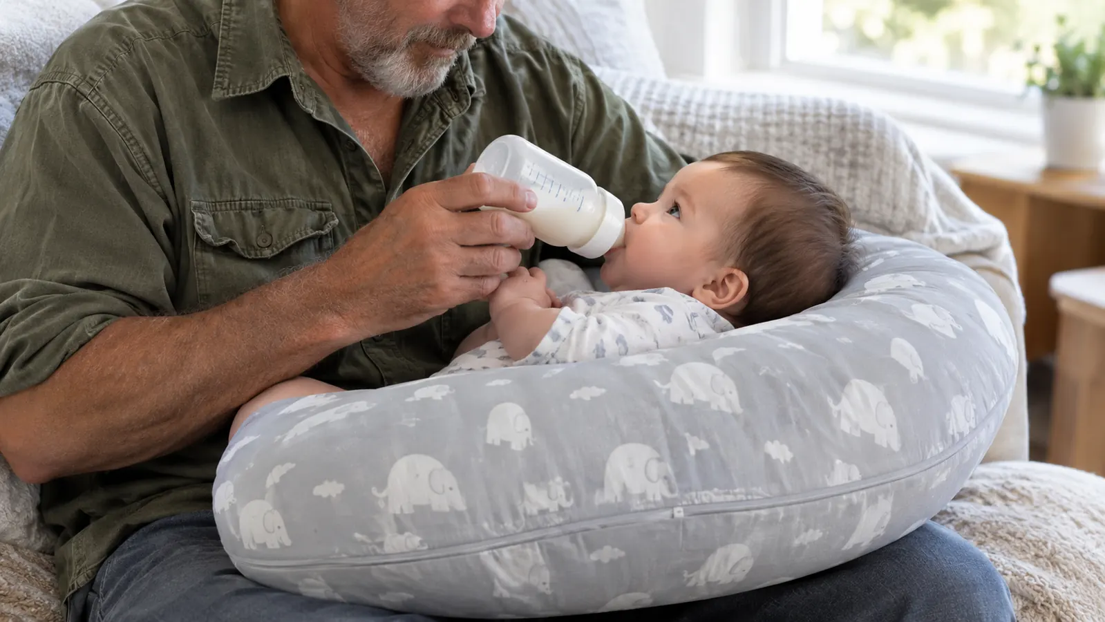 Close view of a parent's hands supporting a baby on the flat surface of a nursing pillow during a feeding.