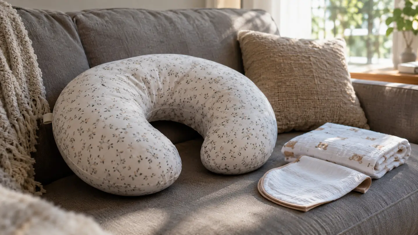 A nursing pillow resting on a living room couch next to a folded receiving blanket and a burp cloth.