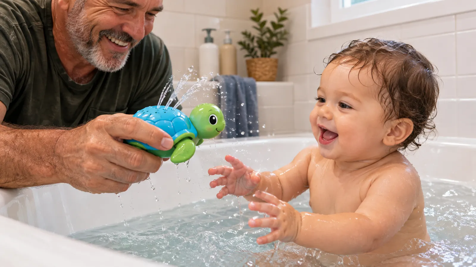 A parent's hand holding a bath toy near a baby seated in a bathtub