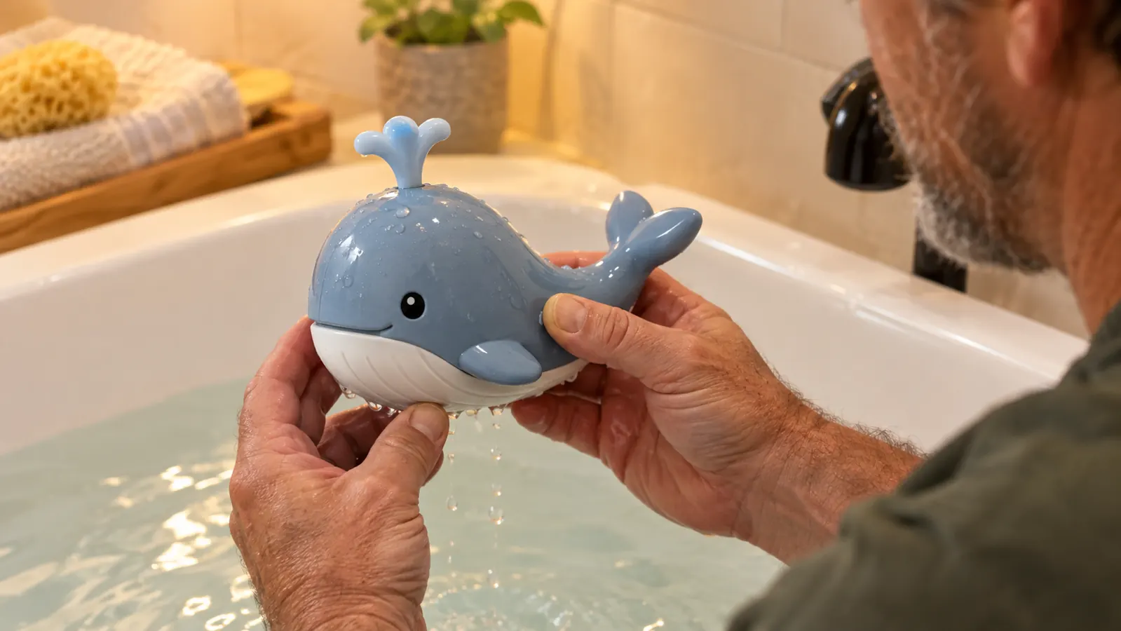 A parent's hand holding a small whale-shaped bath toy above a baby bathtub filled with water