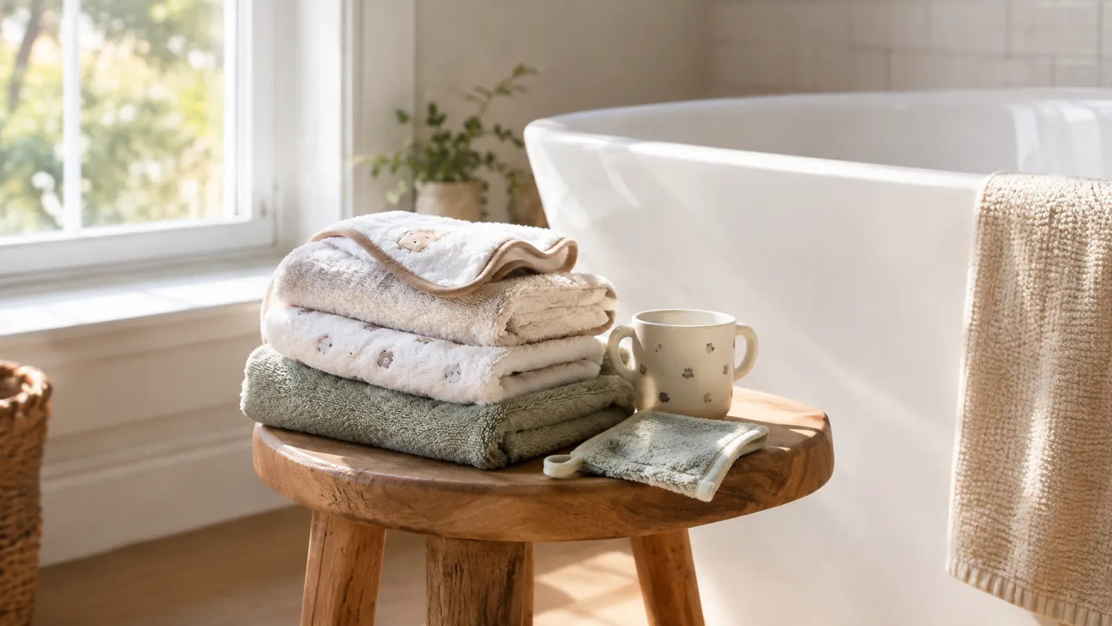 A stack of folded baby towels and a rinse cup on a bathroom stool beside a bathtub