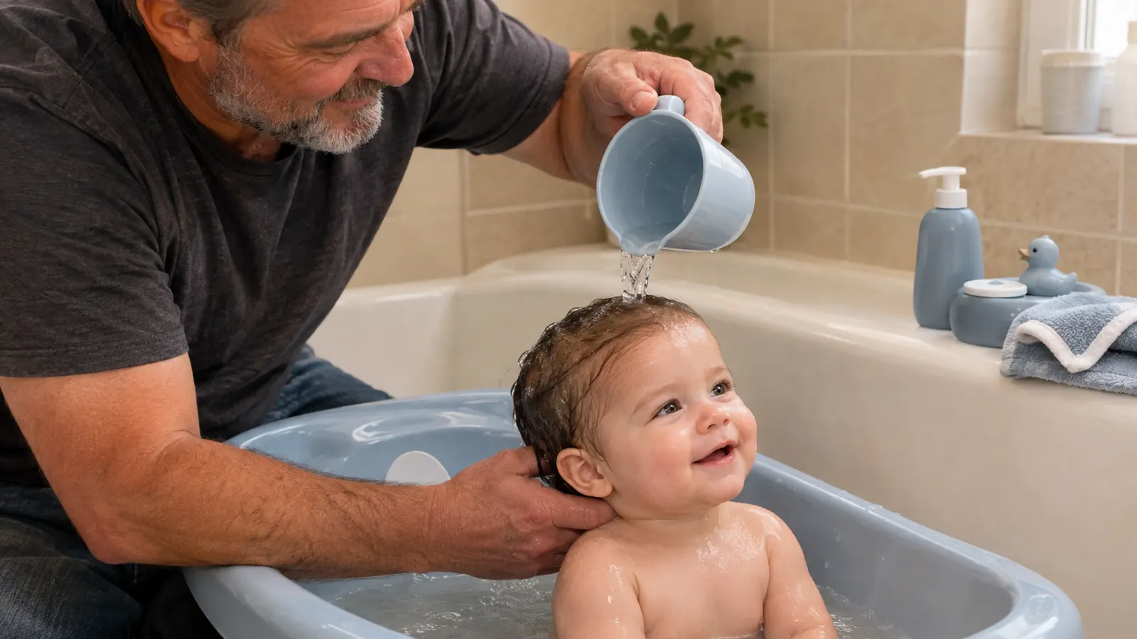 A parent rinsing a baby's hair with a small cup while the baby sits in a baby tub.