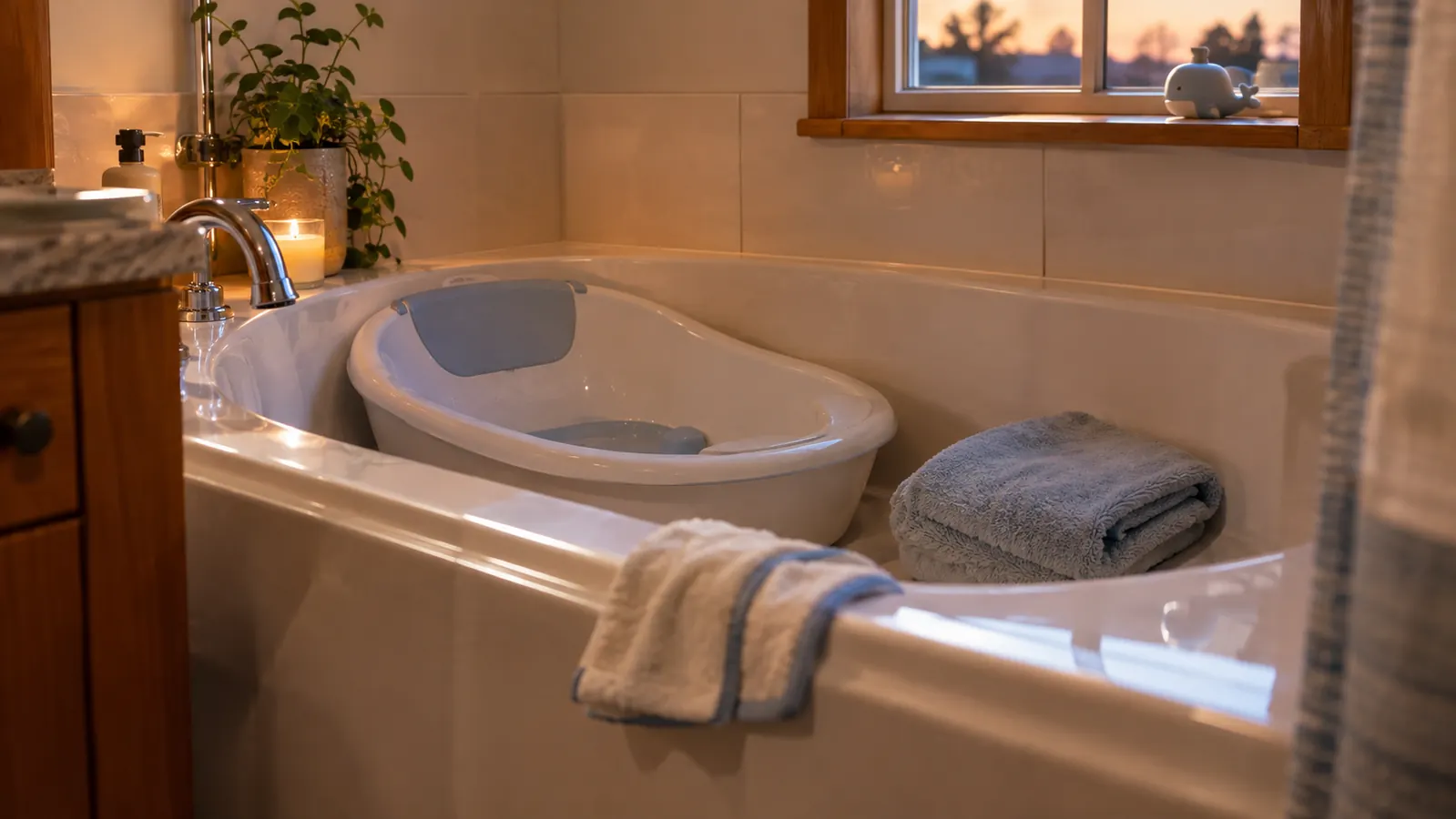 A baby tub and a folded towel drying in the corner of a bathtub after bath time.