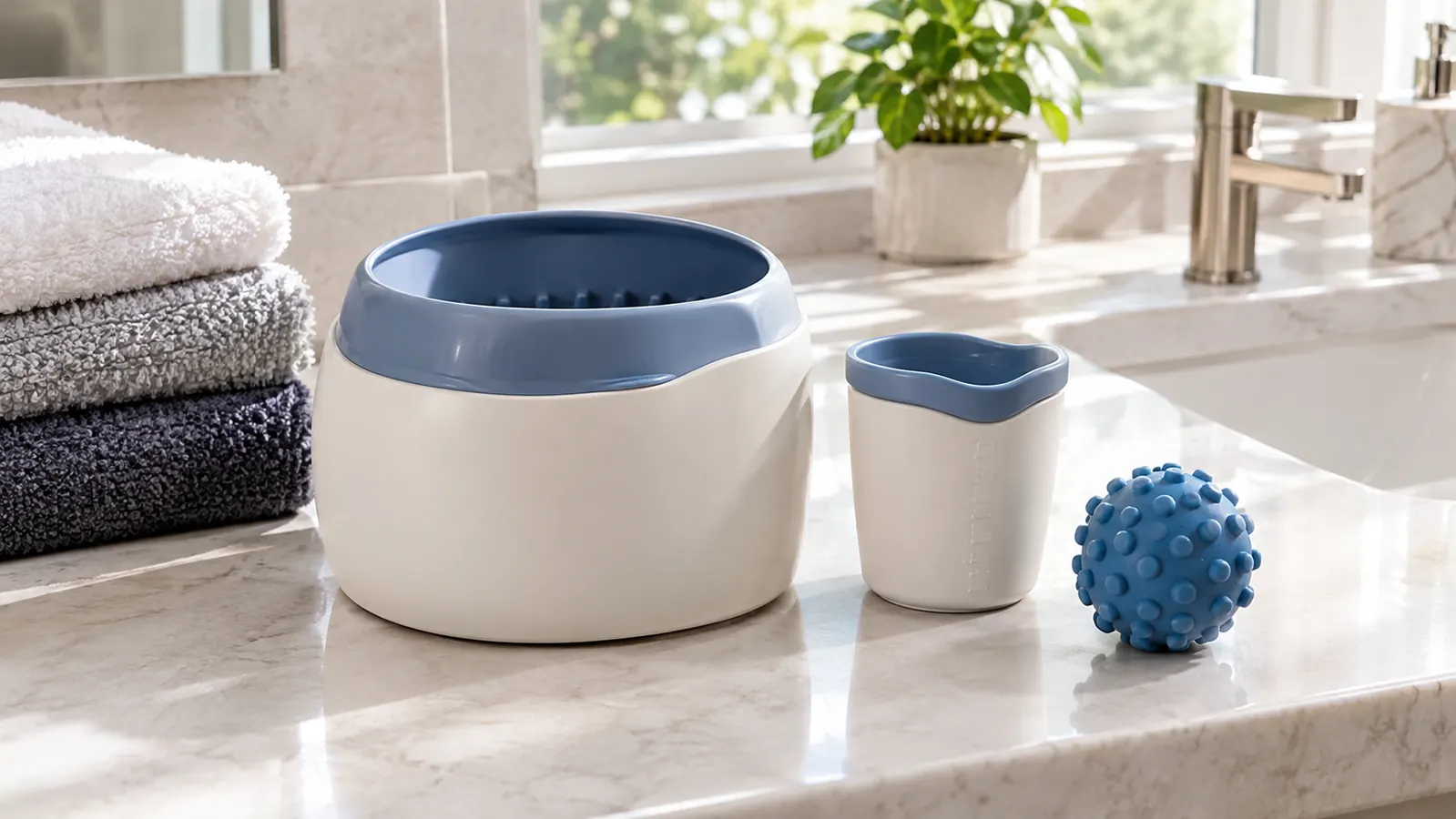 The bath tub set arranged on a bathroom counter with its rinse cup and toy
